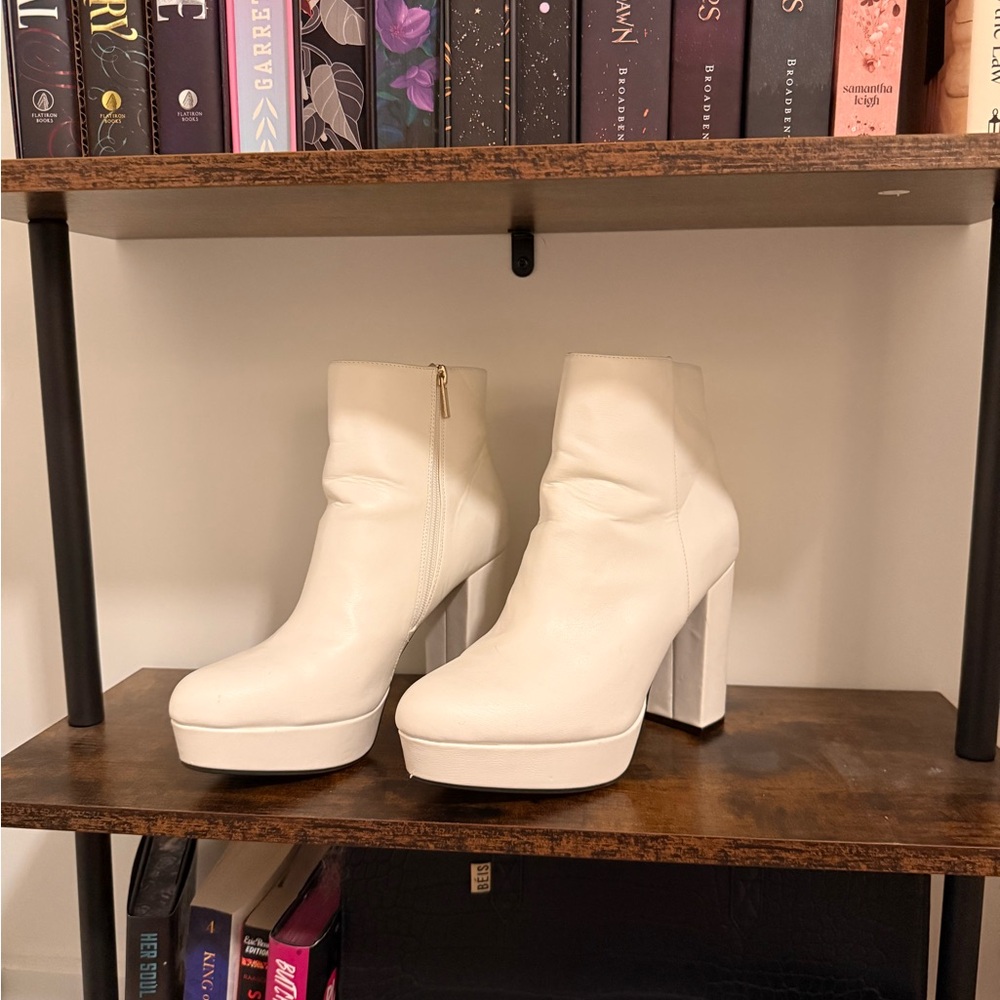 Women’s White Platform Ankle Boots with Block Heel